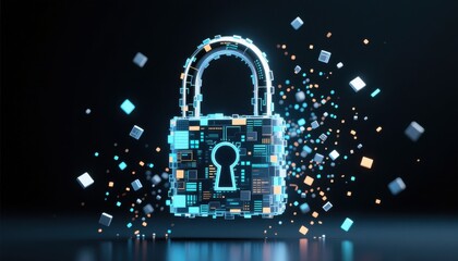 cyber privacy rights padlock security concept. Digital padlock with floating data particles around it.