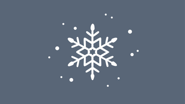 A white snowflake with six points surrounded by white dots on a gray blue background in a simple design
