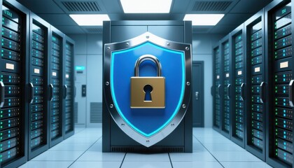 cyber privacy rights padlock security concept. Image of a secure server room with a shield and padlock symbol.