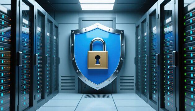 cyber privacy rights padlock security concept. Secure server room with a shield symbolizing data protection.
