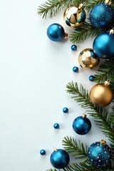 Blue and gold Christmas ornaments arranged on white Elegant festive flat lay , blue ornaments, white, top view