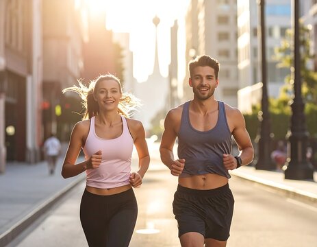 A young man and woman are jogging down a city street, smiling. Sunlight streams from behind them