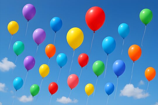 bright colorful balloons floating in blue sky
