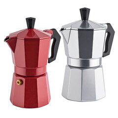 Red and silver stovetop espresso makers, symmetrical view