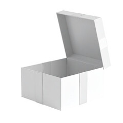 Open, white box on black background, lid partially lifted