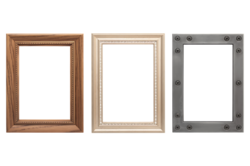 Three empty picture frames different styles and materials isolated on a white background for showcasing art or photography