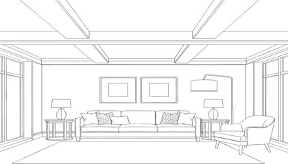 Vector Outline Sketch of a Classic Contemporary Home Furniture Layout, Ideal for Home Staging Presentation, Renovation Project Illustration, and Coloring Book Design.