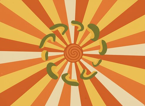 Retro artwork featuring a radiating sun design with a spiral center. Circular green shapes orbit it against orange & yellow hues