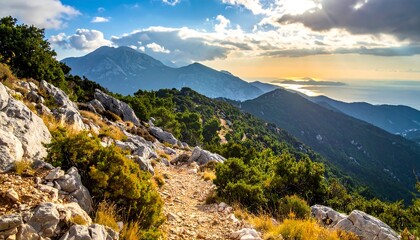 Scenic Mountain Trail with Distant Peaks and Coastal Views.