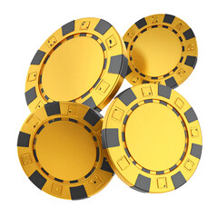 Naklejka premium Golden Casino Chips: A collection of meticulously crafted, golden casino chips, each gleaming with intricate design, ready for a thrilling game.
