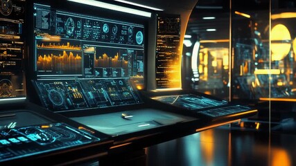 Futuristic control room showing advanced data interface screens - Powered by Adobe
