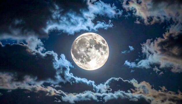 A luminous, full celestial body glows intensely amidst a dramatic expanse of fluffy, swirling, and dark clouds at nighttime