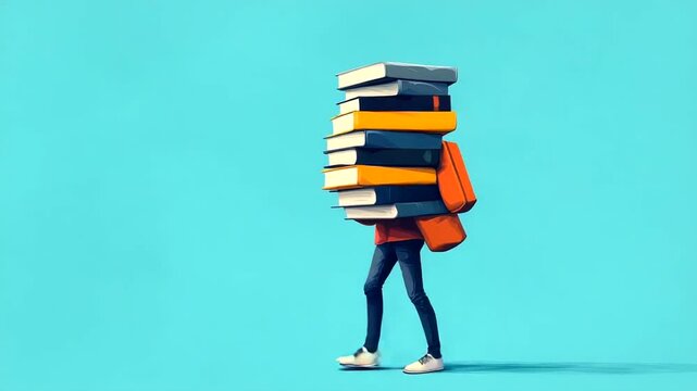Student carrying stack of books against blue background