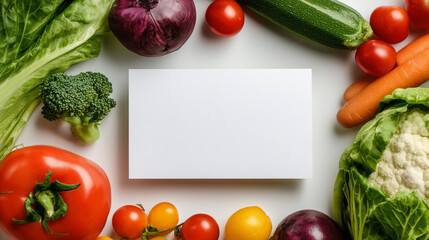 Fresh vegetables arranged with a blank card for a healthy meal presentation