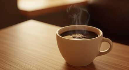 Obraz premium Steaming dark coffee rests in a beige ceramic cup on a wooden surface.