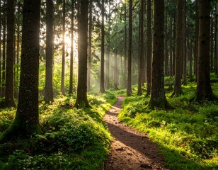 Obraz premium A scenic forest path, sunlit and surrounded by tall trees