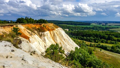 Scenic view of a colorful cliff and green landscape under a cloudy sky.