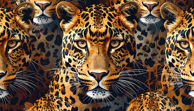 A close-up view presents several big cat faces with mesmerizing eyes and unique spotted coats. The repeated composition creates a striking design
