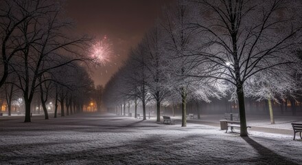 Enchanting Winter Night in an Urban Park with Frosted Trees, Glowing Streetlights, and Distant Fireworks Display