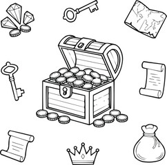 Ancient Treasure Outline Icons Set  Chests, Gems, and Gold Coins