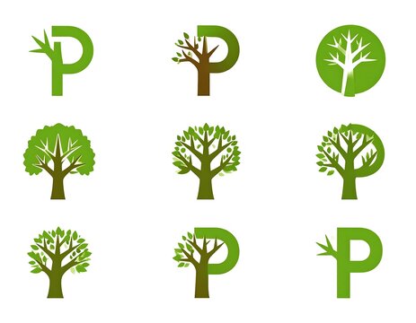 Nine variations of the letter "P" incorporated with stylized tree designs