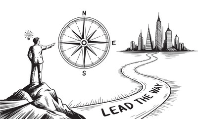 Sketch of a businessman standing on a mountain peak pointing towards a compass and a city skyline symbolizing leadership and strategic direction