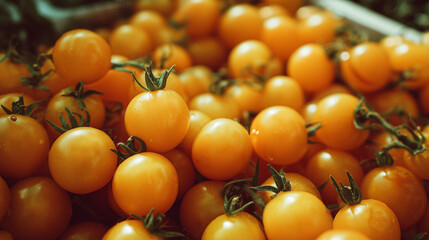 Fresh yellow tomatoes arranged neatly in a market setting during daytime