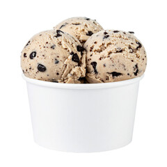 Cookies and Cream Delight: Indulge in a trio of creamy, cold cookies and cream ice cream scoops, nestled in a pristine paper cup. A tempting treat, ready to satisfy any sweet craving.