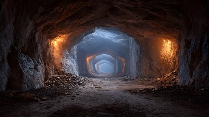 A deep illuminated mine tunnel with a rocky path leading into the mysterious darkness