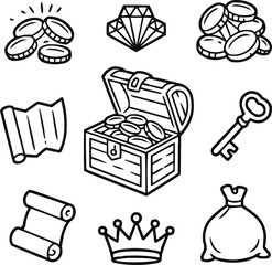 Ancient Treasure Outline Icons Set  Chests, Gems, and Gold Coins