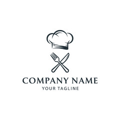 Elegant Restaurant Logo Featuring Chefs Hat, Fork, and Knife.