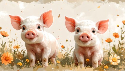 Two Adorable Piglets in a Vibrant Meadow with Orange Flowers, Watercolor Style.