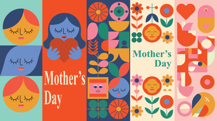 Mother’s Day Vector Poster Set — Colorful Geometric Floral Illustrations and Abstract Portraits