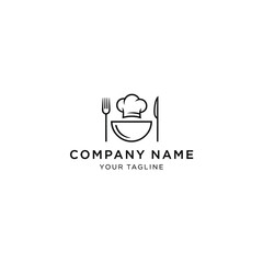 Minimalist Chef Hat Bowl Fork Knife Logo Design.