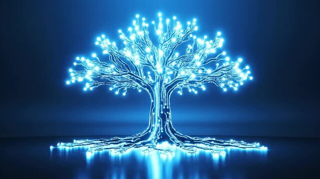 Glowing, stylized tree composed of circuit board elements against a dark blue background