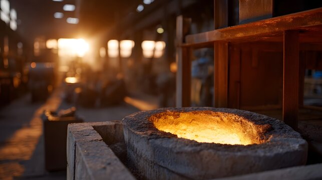 Glowing molten metal fills a crucible in a dimly lit atmospheric industrial foundry during the warm light of golden hour