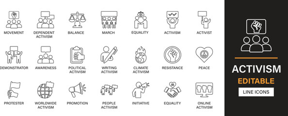 Activism editable line icons pack. Protest, justice, advocacy, equality, rights, freedom, campaign, movement, awareness, solidarity, democracy and more icons.