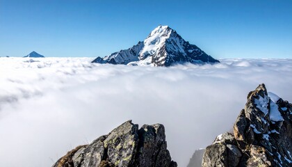 Majestic snow-capped mountain peak emerges from a sea of clouds under a clear blue sky