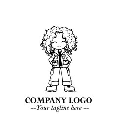 Black and White Chibi Girl Standing in Jacket, Pants, and Boots. Simple Bold Vector Illustration
