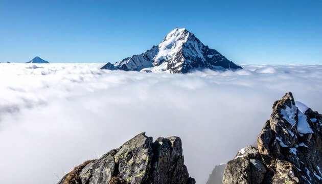 Majestic snow-capped mountain peak emerges from a sea of clouds under a clear blue sky - Powered by Adobe