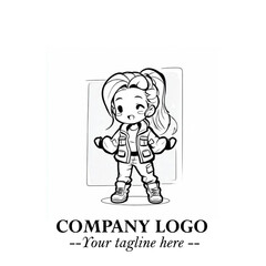 Black and White Chibi Girl Standing in Jacket, Pants, and Boots. Simple Bold Vector Illustration
