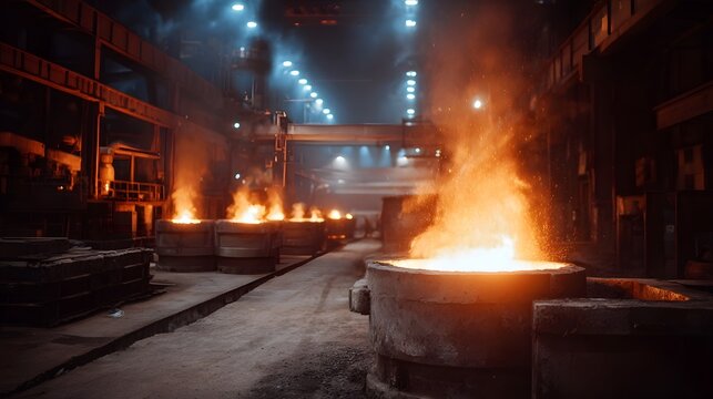 Intense heat and glowing molten metal erupt from furnaces in a dark industrial foundry creating dramatic sparks and smoke