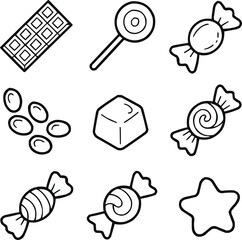 Magical Candy Kingdom Outline Icons Set  Chocolate, Lollipops, and Sugary Treats