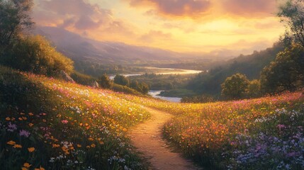 Path Through Vibrant Wildflower Meadow at Golden Hour