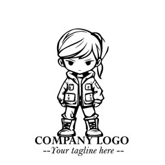 Black and White Chibi Girl Standing in Jacket, Pants, and Boots. Simple Bold Vector Illustration
