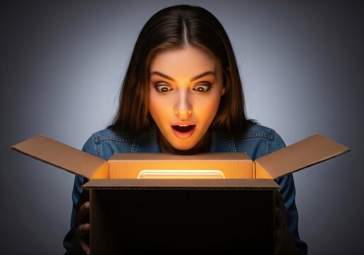 Young woman looking into open cardboard box with bright light inside. Surprise and unboxing concept.
