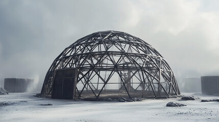 Deserted Geodesic Dome Structure in Fog