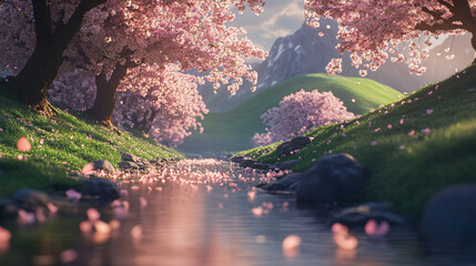 Cherry Blossom Petals Floating Down Mountain Stream