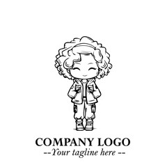 Black and White Chibi Girl Standing in Jacket, Pants, and Boots. Simple Bold Vector Illustration
