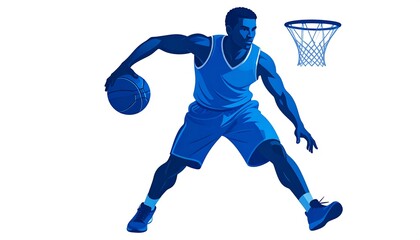 Silhouette of a basketball player dribbling the ball, blue monochrome